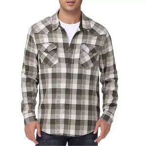 Frye Men Green Beige Jacquard Flannel Plaid‎ Button Down Shirt Medium Cabincore
